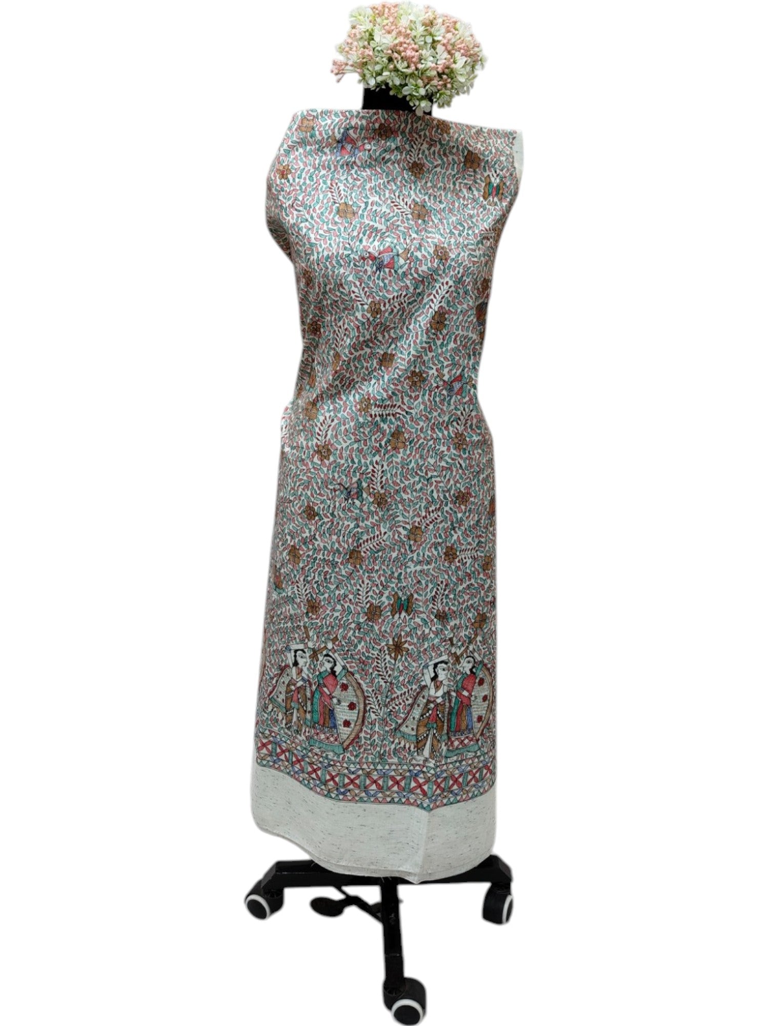 All-Over Hand-Painted Unstitched Madhubani Kurti on Cotton – Off-White